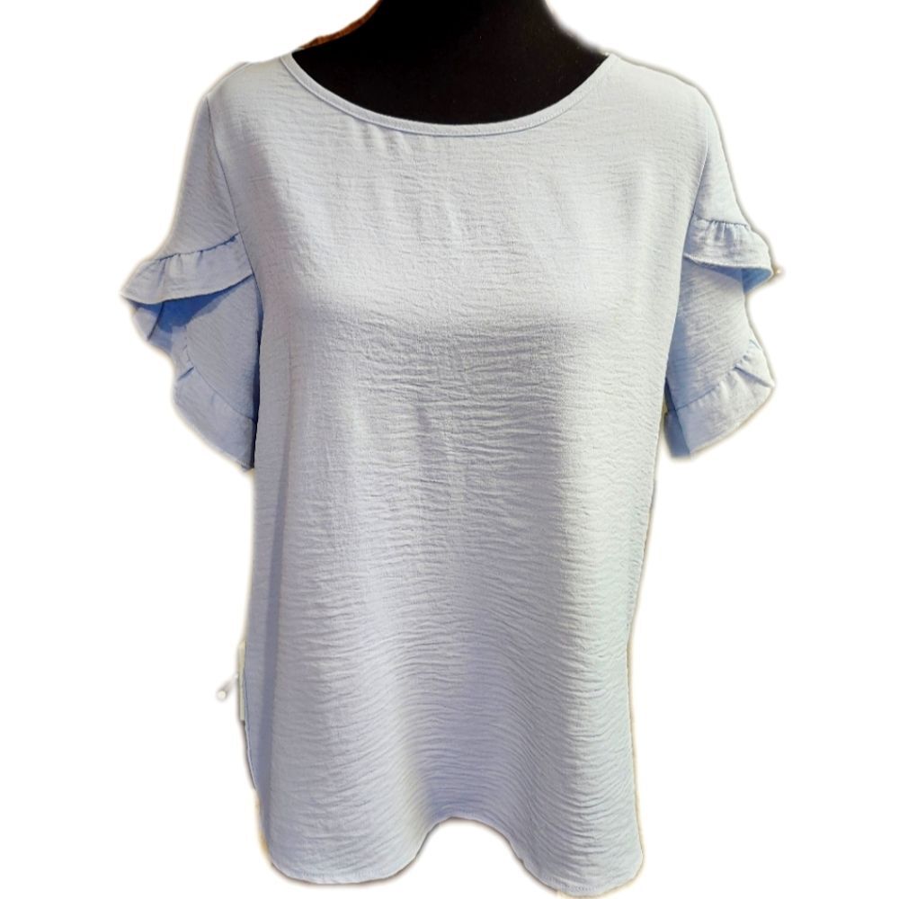 Fashion Light Blue Ruffle Sleeve Blouse, UNC Tarheels, Casual Top, M